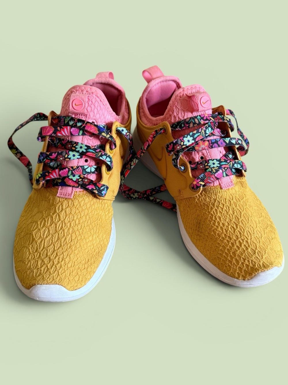 Nike Yellow Sneakers with Pink Collar and Floral Laces - Picture 10 of 11